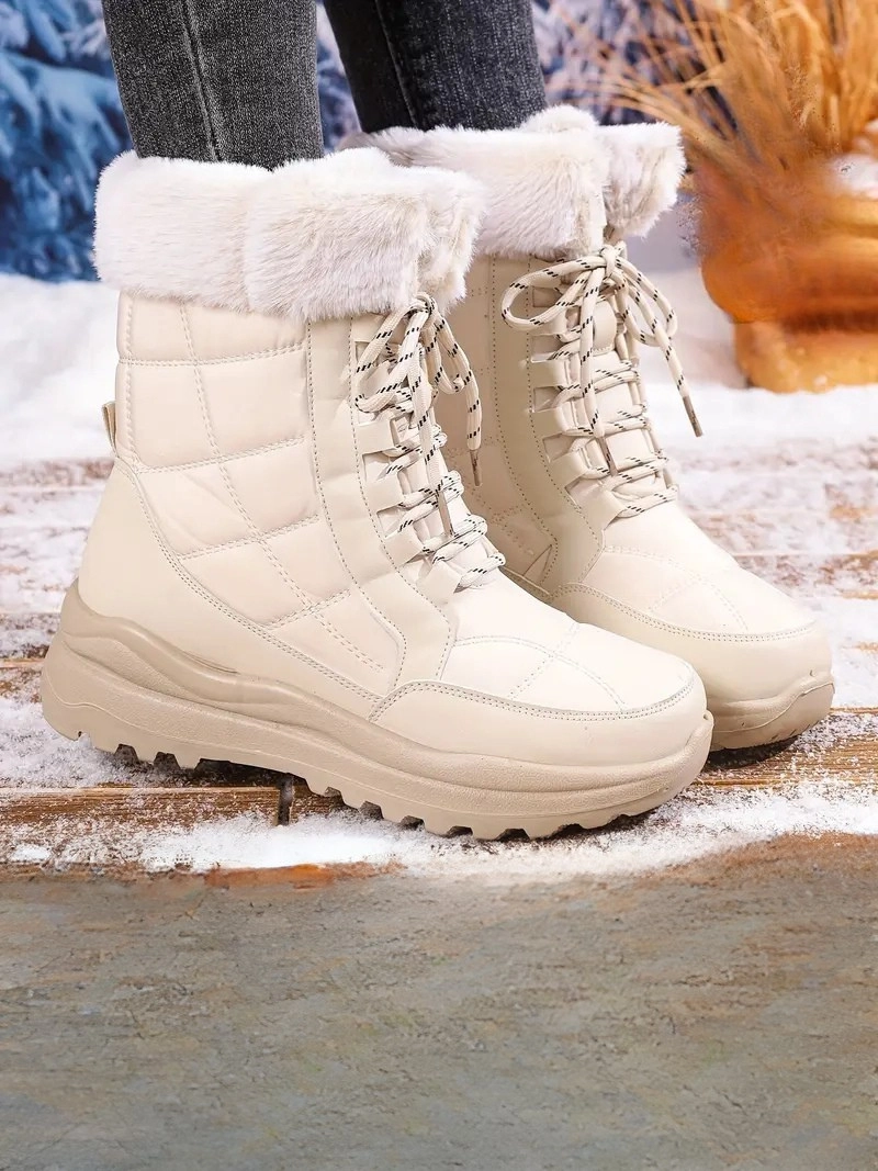 Peluş Polar Astar Yüksek Taban Soğuk Havada Etkili Bej Kadın Kar Botu