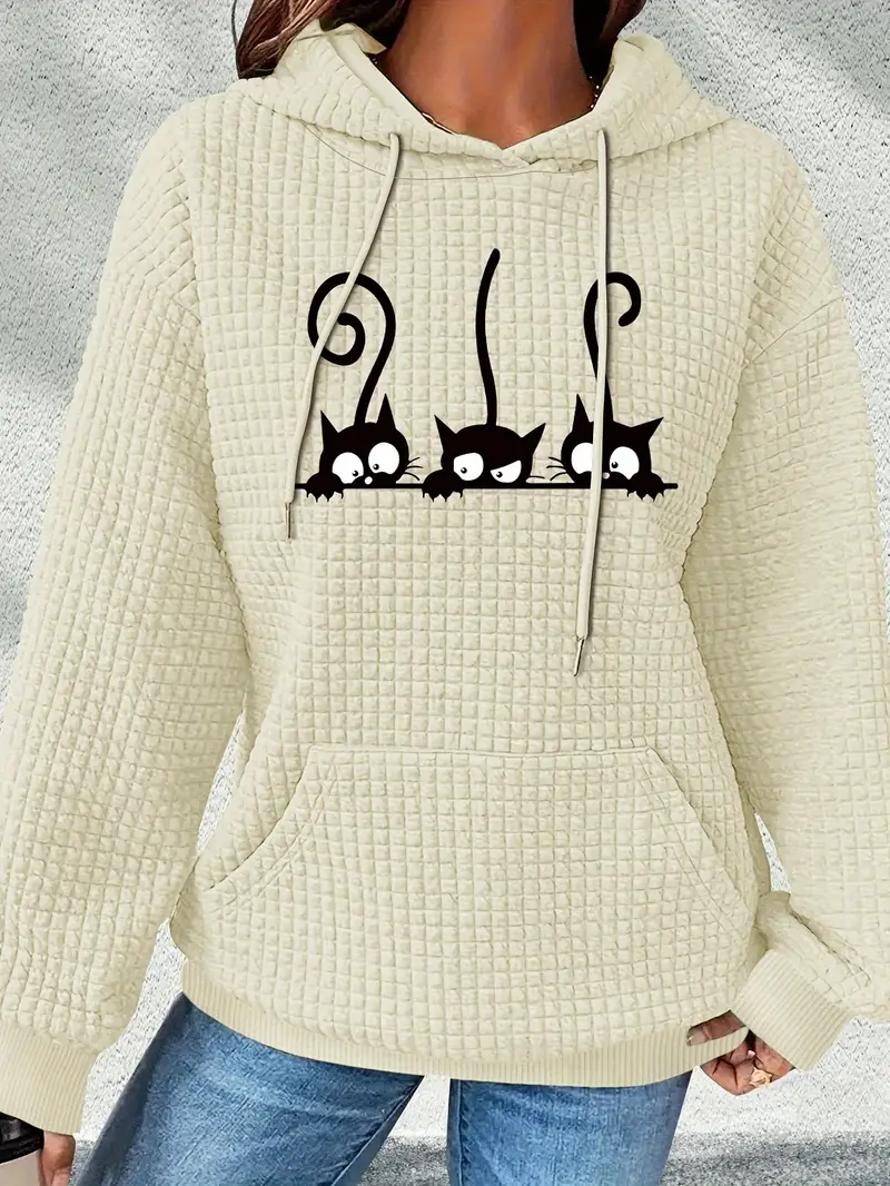 Karikatür Kedi Baskılı Kapşonlu Geniş Kesim Rahat Sonbahar ve İlkbahar İçin Uzun Kollu Üst Kadın Sweatshirt