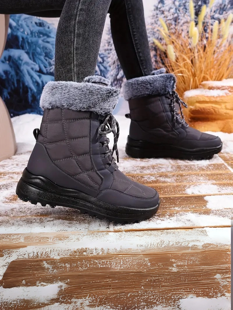 Peluş Polar Astar Yüksek Taban Soğuk Havada Etkili Gri Kadın Kar Botu