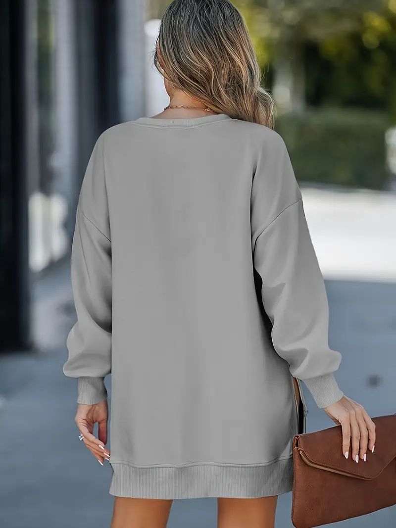 Rahat Yuvarlak Yaka Yarım Etek Elastanlı Polyester Örgü Kumaş Düz Renk, Uzun Kollu Kadın Sweatshirt