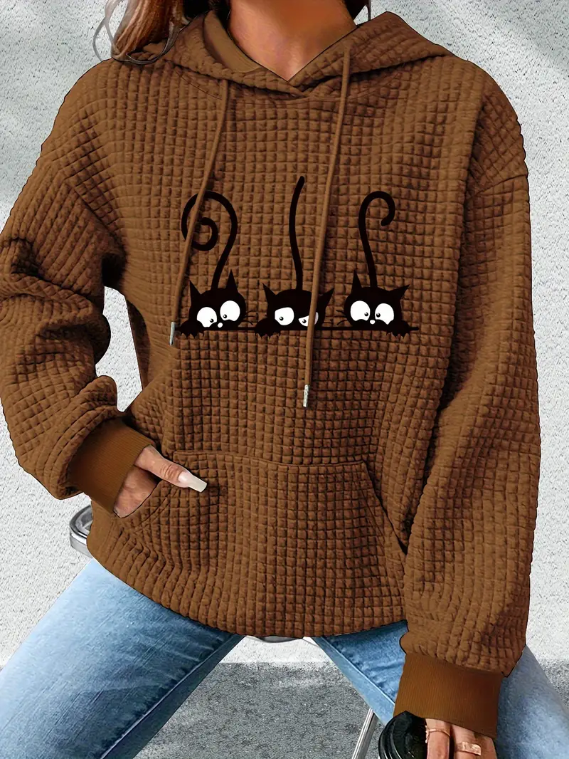 Karikatür Kedi Baskılı Kapşonlu Geniş Kesim Rahat Sonbahar ve İlkbahar İçin Uzun Kollu Üst Kadın Sweatshirt