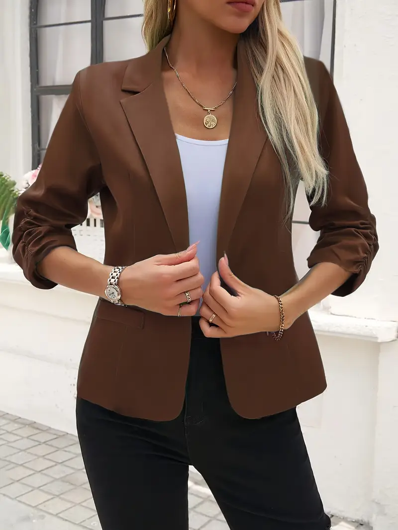 Klasik Yaka Çift Cepli Düğme Detaylı Kahverengi Kadın Business Ceket