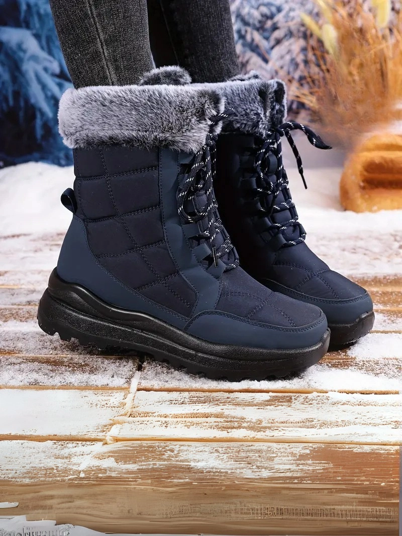 Peluş Polar Astar Yüksek Taban Soğuk Havada Etkili Mavi Kadın Kar Botu