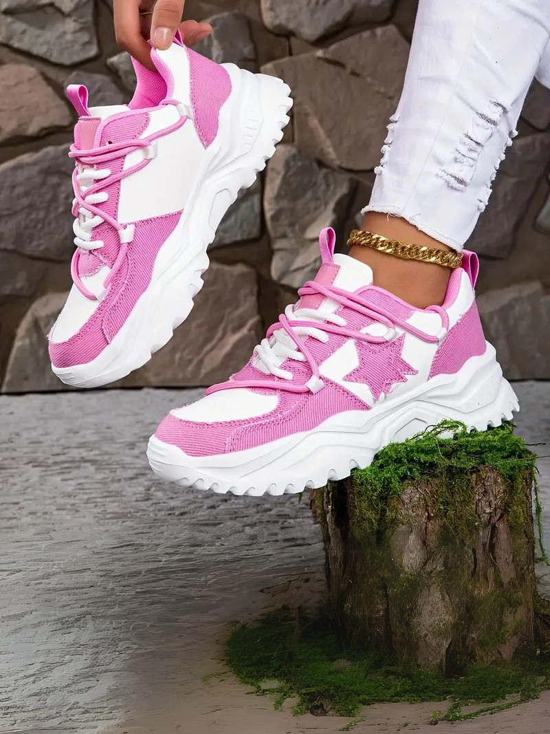 Retro Yıldız Desneli Bağcıklı Kaymaz Taban Hafif Her Mevsim Pembe Kadın Sneaker Ayakkabı