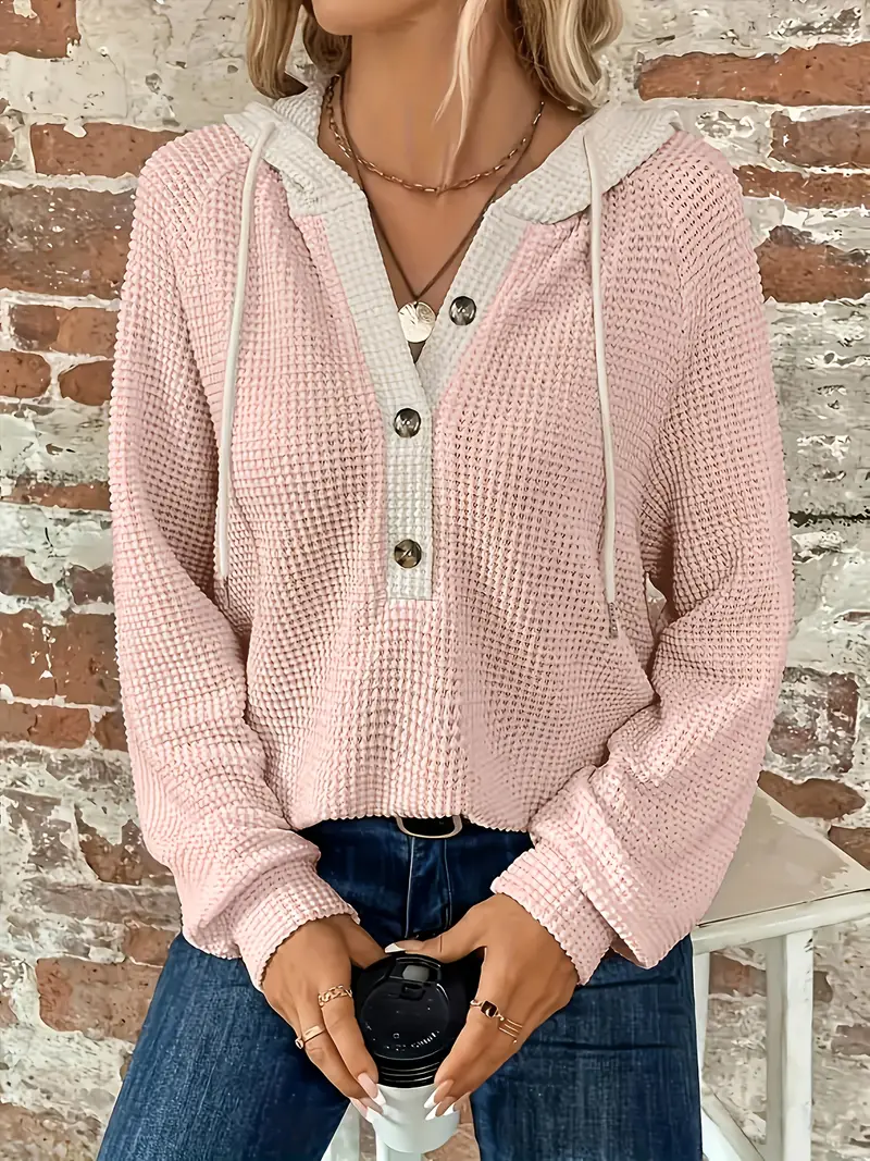 Blok Düğmeli Önü İpli Kapşonlu Günlük Kullanım İçin Uzun Kollu Kadın Sweatshirt