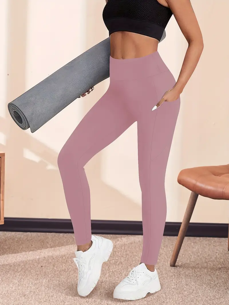 Yüksek Bel Yoga Taytı Cepli Rahat, Esnek Polyester-Elastan Karışımı Fitness, Koşu & Günlük Kullanım için Mükemmel, Makinede Yıkanabilir