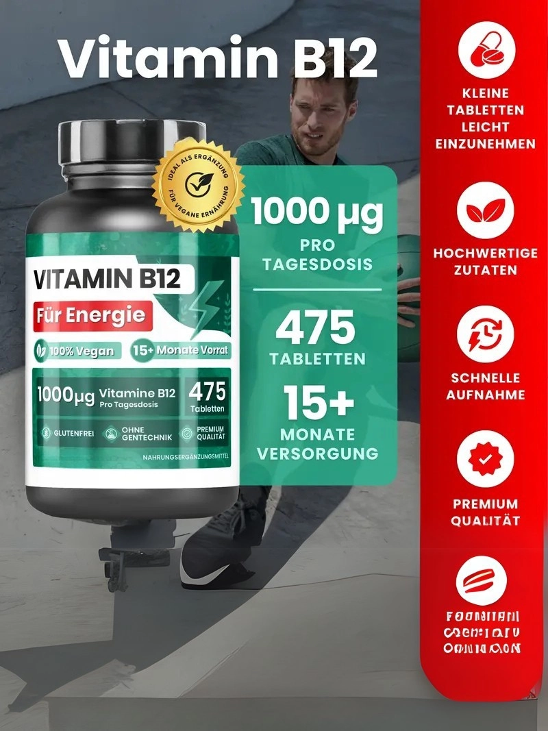 1000mcg Vegan B12 Vitamini Günlük 1 Adet (15+ Ay İçin), Enerji, Yorgunluk ve Bağışıklık Sistemi İçin, Yüksek Kalite Sianokobalamin, GDO’suz