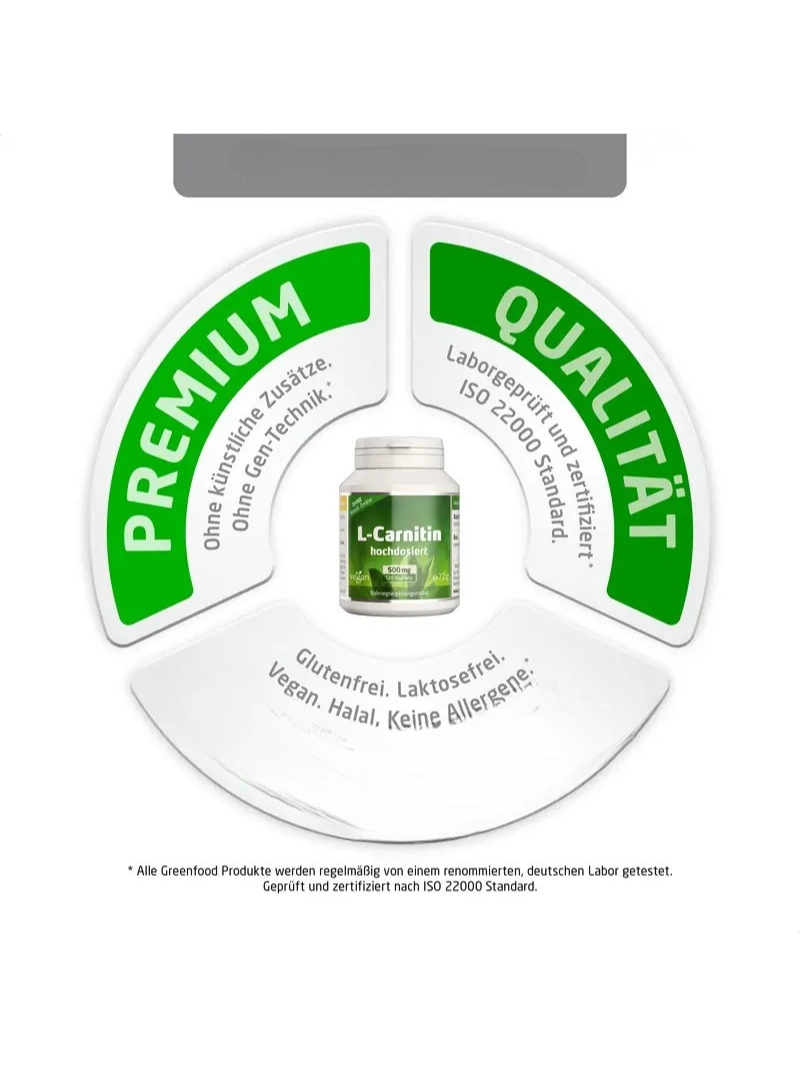 Yüksek Doygunlukta, 500 Mg - 120 Kap, Vegan. Saf L-Karnitin Doğal Fermentasyon ile Üretilmiş. Yapay Eklentiler Olmadan, Laboratuvarda Test Edilmiştir