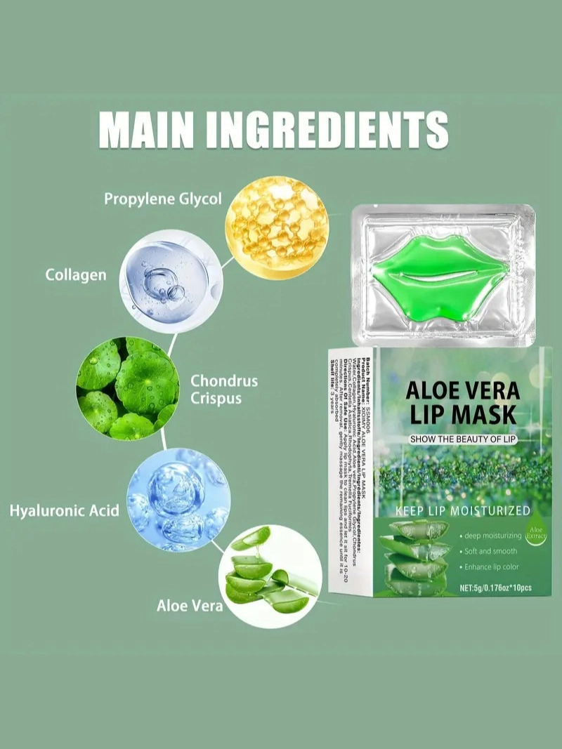 10 Adet Aloe & Kollajen Dudak Maskesi 30 Dakikalık Derin Nemlendirme Dolgunlaştırma ve Yumuşatma, Aloe Esansı Dudak Maskesi