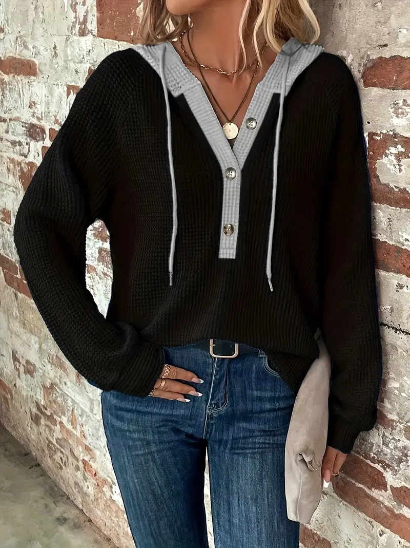 Blok Düğmeli Önü İpli Kapşonlu Günlük Kullanım İçin Uzun Kollu Kadın Sweatshirt