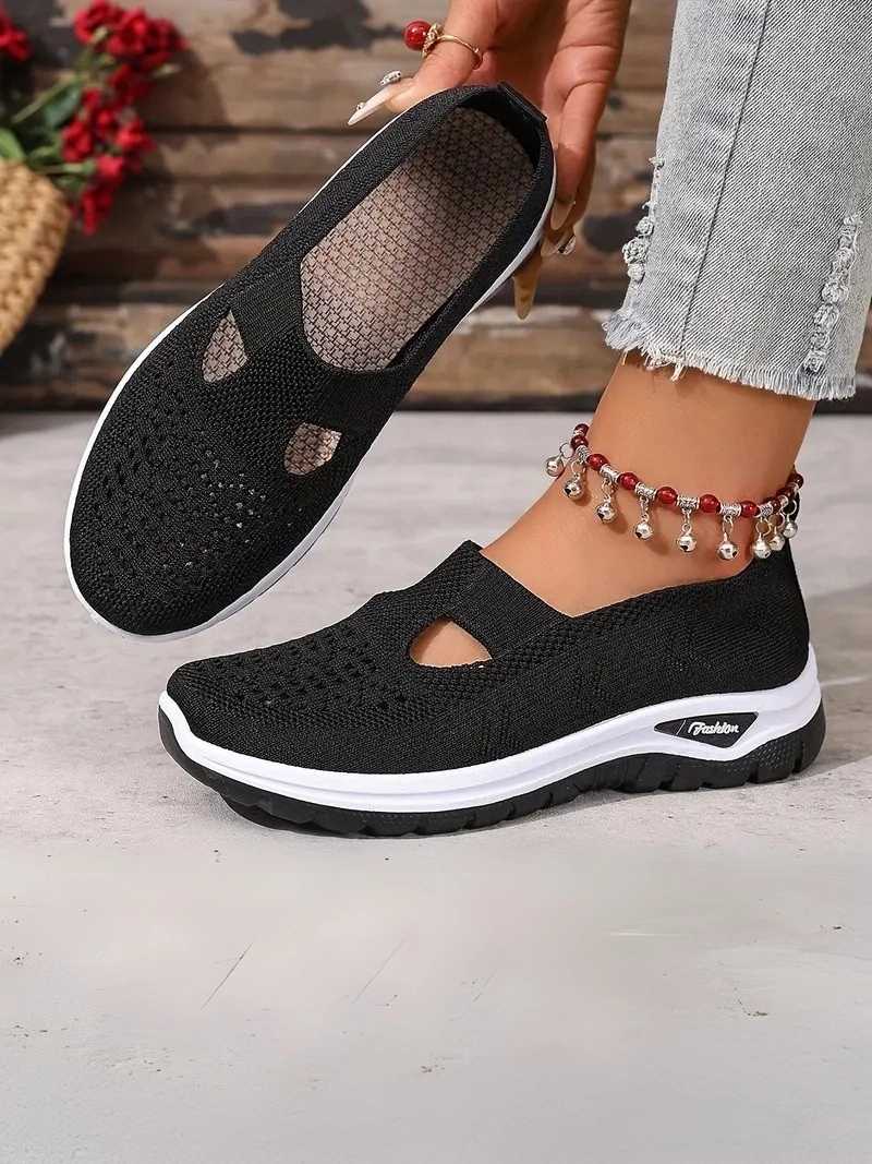 Örgü Desenli Topuksuz Düz Günlük Kullanım İçin Rahat ve Sade Siyah Kadın Sneaker