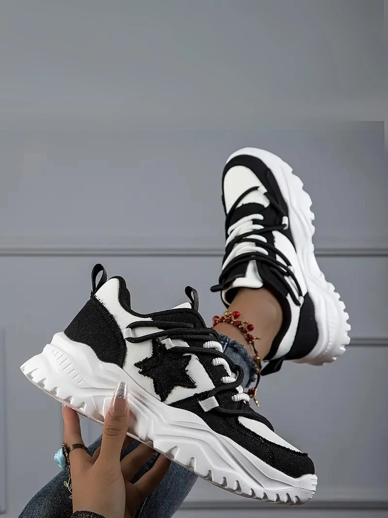 Retro Yıldız Desneli Bağcıklı Kaymaz Taban Hafif Her Mevsim Siyah Kadın Sneaker Ayakkabı