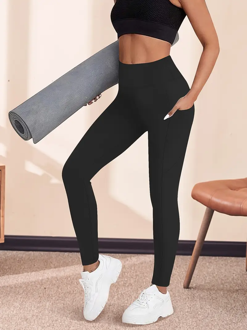 Yüksek Bel Yoga Taytı Cepli Rahat, Esnek Polyester-Elastan Karışımı Fitness, Koşu & Günlük Kullanım için Mükemmel, Makinede Yıkanabilir