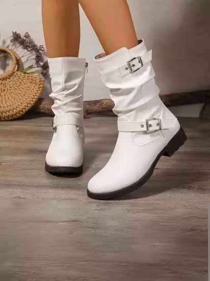 Çift Kemerli İçten Fermuarlı Hakiki Deri Şık Beyaz Kadın Bot