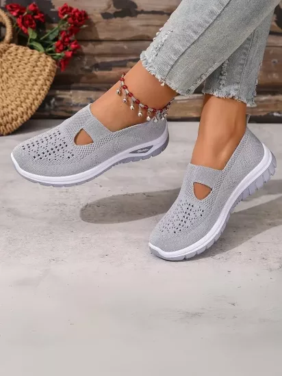 Örgü Desenli Topuksuz Düz Günlük Kullanım İçin Rahat ve Sade Gri Kadın Sneaker