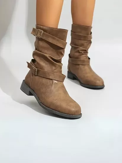 Çift Kemerli Hakiki Deri Şık Gri Kadın Bot