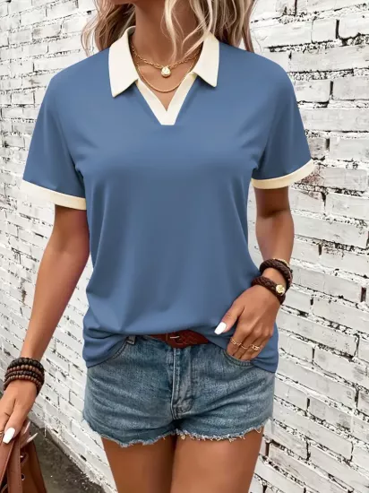 Polo Yaka Dokuma Slim Fit Mavi T-Shirt