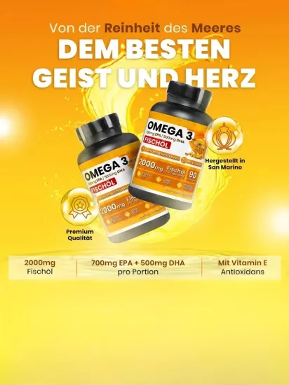 2000mg Omega-3 Balık Yağı Yüksek Potansiyelli E Vitamini ile Tadımsız – 700mg EPA & 500mg DHA İçeren Saf Omega-3 Takviyesi, Kalp, Beyin ve Görme Sağlığı İçin