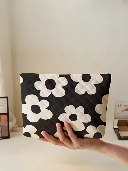 Çiçek Desenli Dikişli Hafif Dayanıklı Fermuarlı Kapatma Polyester Malzeme Günlük Kullanım İçin Makyaj Çantası