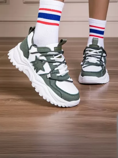 Retro Yıldız Desneli Bağcıklı Kaymaz Taban Hafif Her Mevsim Yeşil Kadın Sneaker Ayakkabı