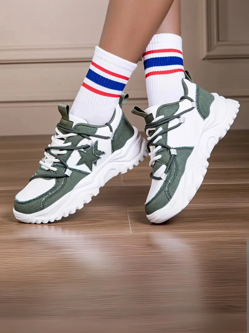 Retro Yıldız Desneli Bağcıklı Kaymaz Taban Hafif Her Mevsim Yeşil Kadın Sneaker Ayakkabı